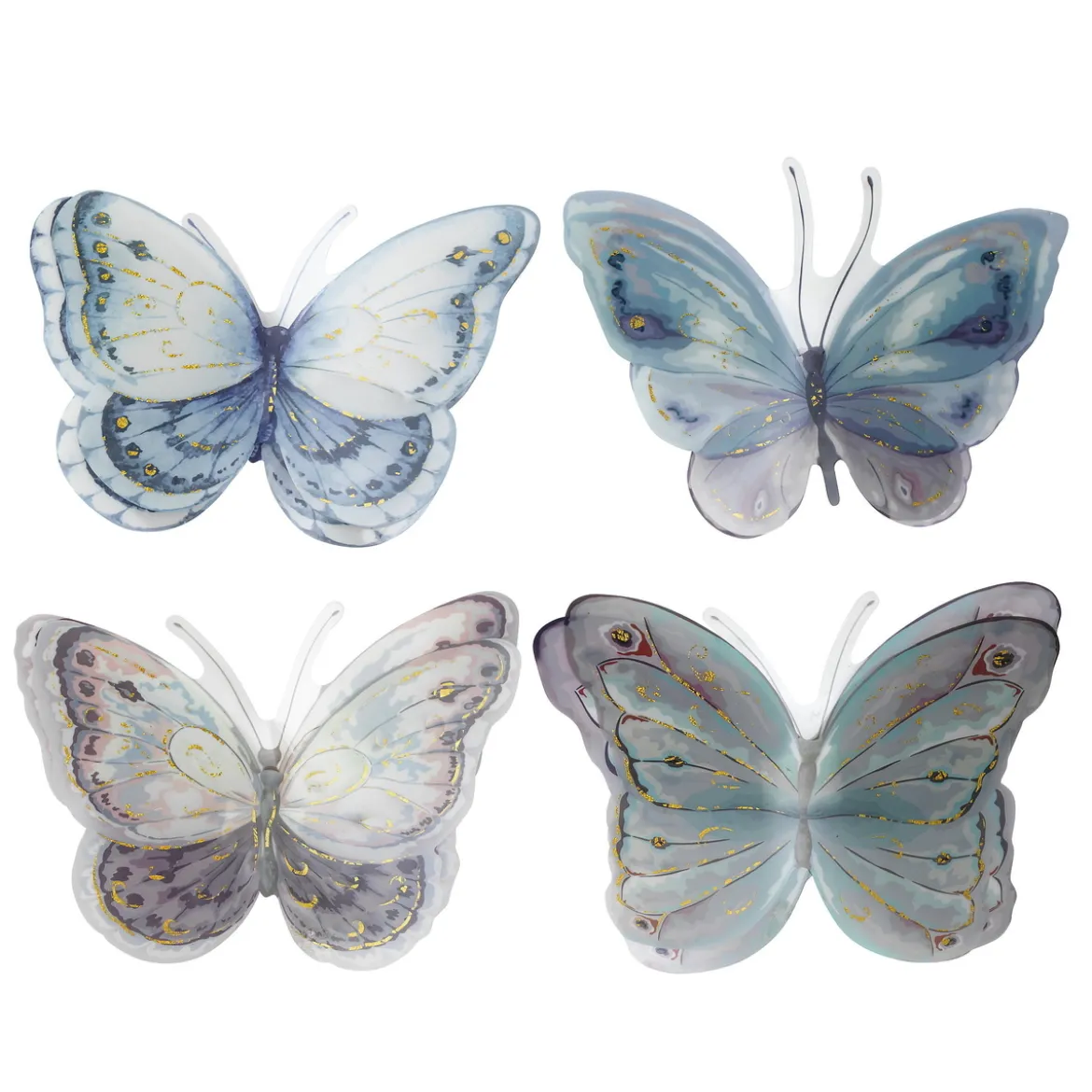 4 pastellfärgade dekorationsfjärilar med guldglitter 12,5×9 cm