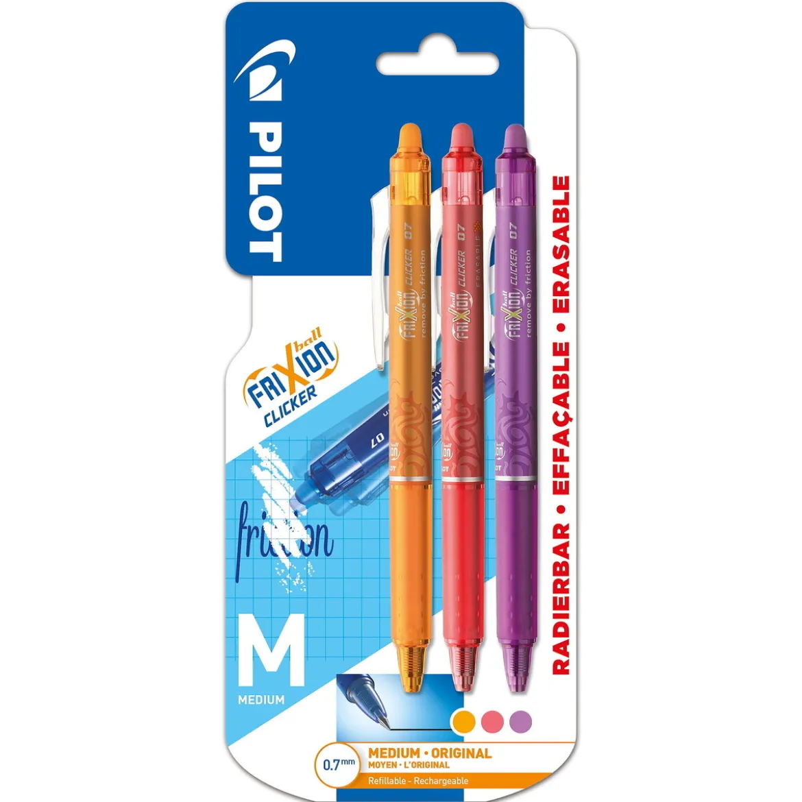 Pilot Frixion Clicker 0,7 mm 3-pack, pennkropp & bläck i 3 färger – apricot, peach & purple