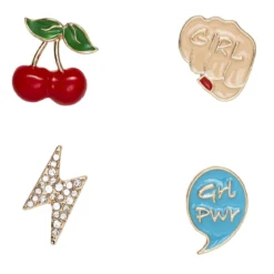 Pins, badges, 4 st. guldiga & färgglada små mini-broscher med Girlpower!