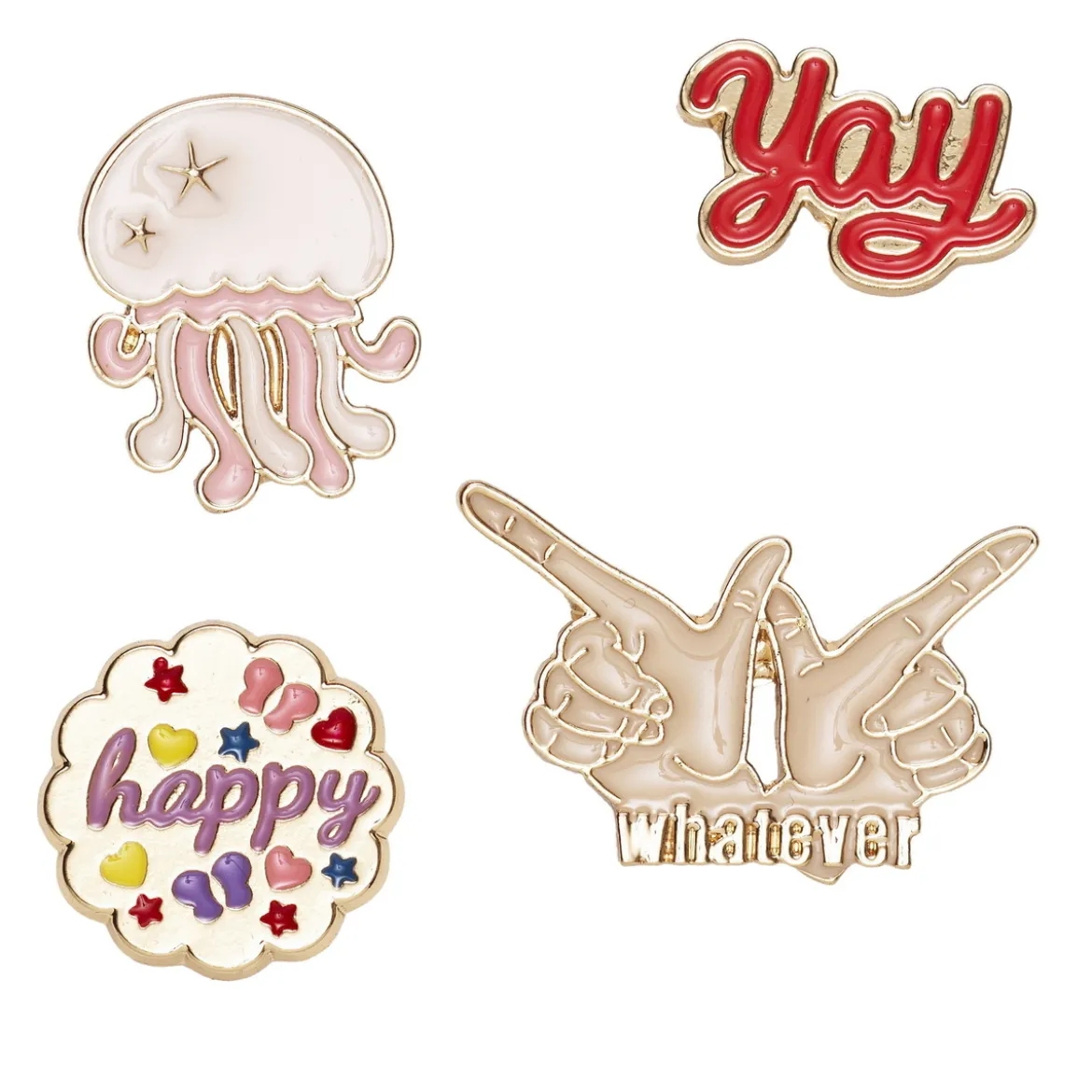 Pins, badges, 4 st. guldiga & färgglada små mini-broscher med attityd och en manet!