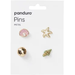 Pins, badges, 4 st. guldiga & rosa små mini-broscher med känsla från havet