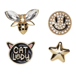 Pins, badges, 4 st. guldiga, svarta & blingiga små mini-broscher