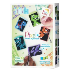 Pixelhobby Box Dinosaurier – 5 nyckelringar à 30×40 mm, 18 pixelplattor och mönsterhäfte