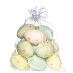 Plastägg dekorationsägg snöre 12 st. 6×2 prickig mix Ø4 cm, L. 6 cm