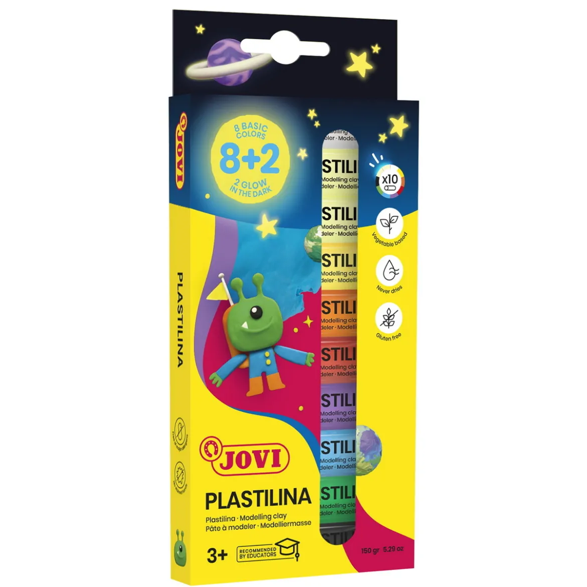 Plastilina leklera 10×15g – 8×15g färgglada basfärger och 2×15g självlysande lera