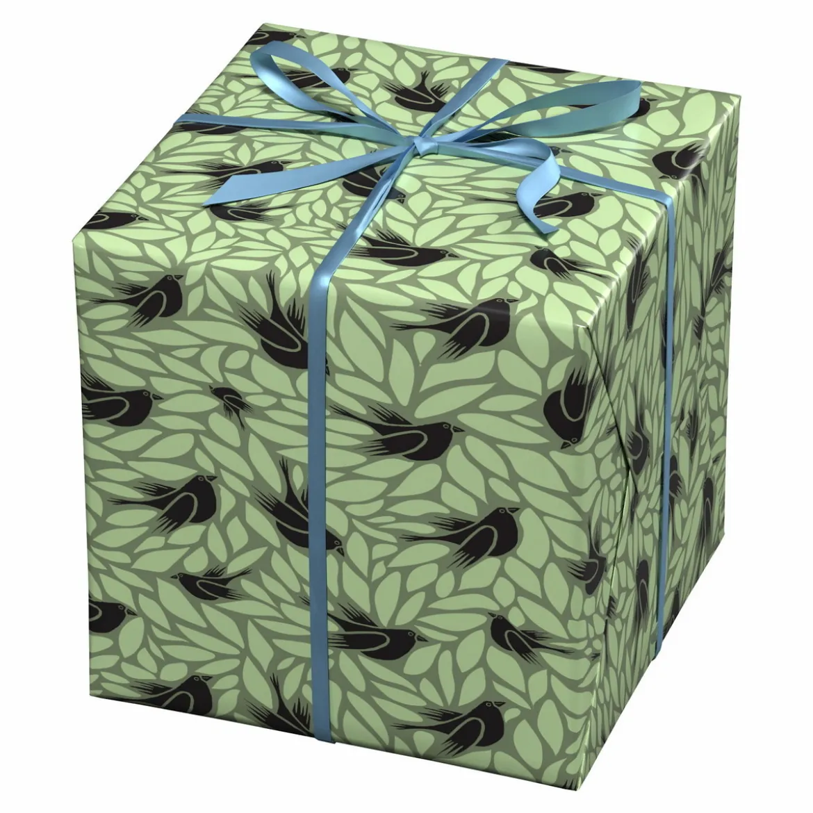 Presentpapper på rulle 10 m × 57 cm – svarta fåglar omgärdade av gröna löv