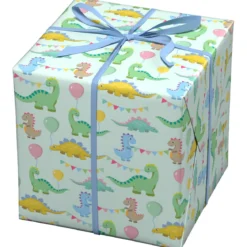 Presentpapper på rulle 10 m × 57 cm – vitt papper med massor av dinos på kalas!
