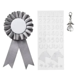Prisrosett till käpphäst Ø7 cm & stickers i silvrigt tema + 1 ängel-charm