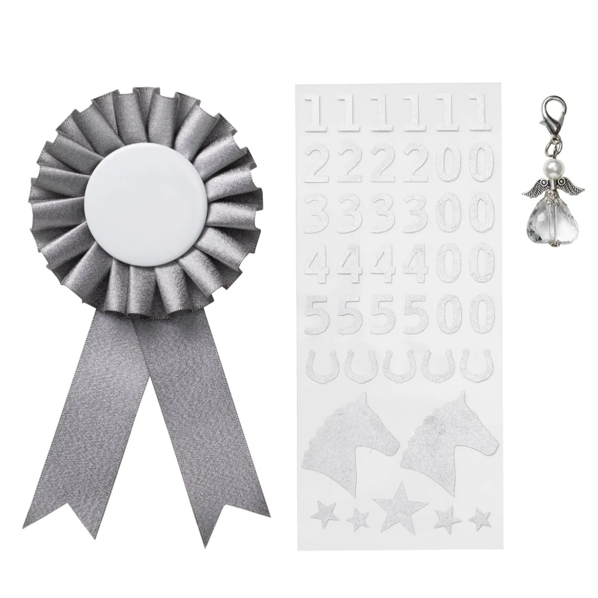 Prisrosett till käpphäst Ø7 cm & stickers i silvrigt tema + 1 ängel-charm