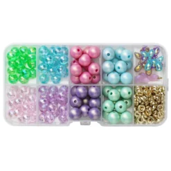 Pärlmix med pastellfärgade runda pärlor (Ø8 / 10 mm) & 4 charms ballonghundar