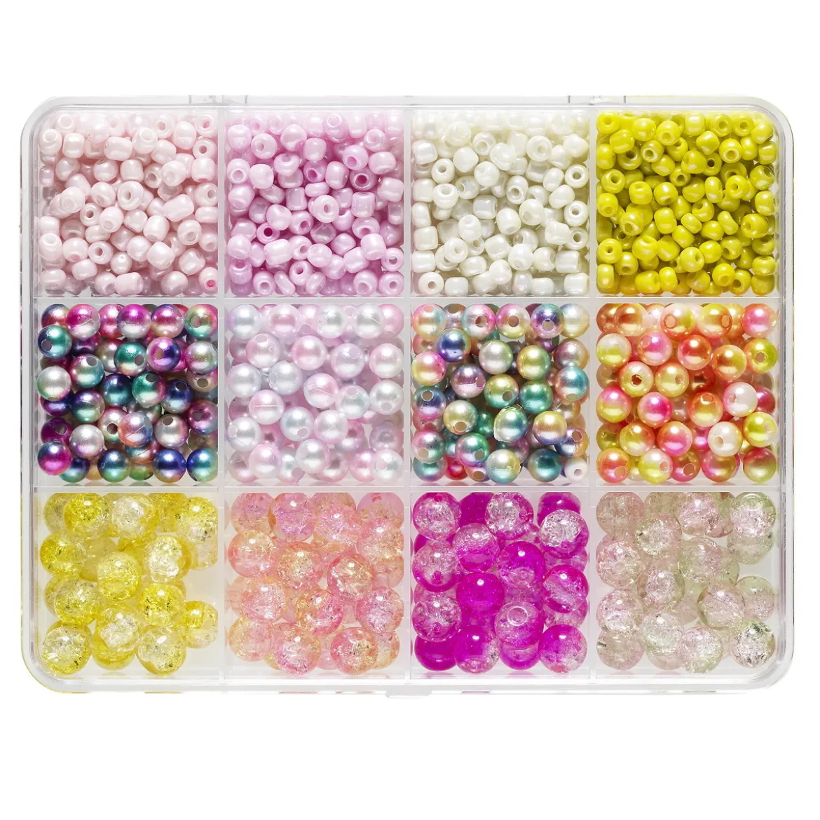 Pärlmix med 3 sorters pärlor av glas och plast i 12 lekfulla nyanser