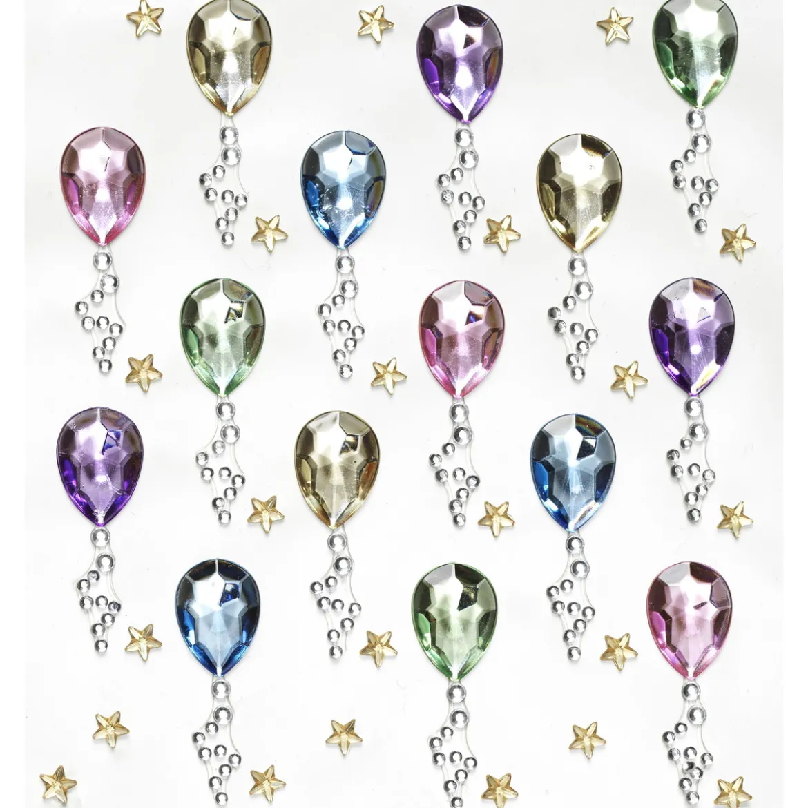 Rhinestone stickers ballonger – 30 ballonger m. snöre (L. 35 mm) och 44 små guldstjärnor