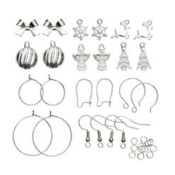 Örhängeskit med jultema – 6 par örhängen och 12 hängen / charms i silver och vitt