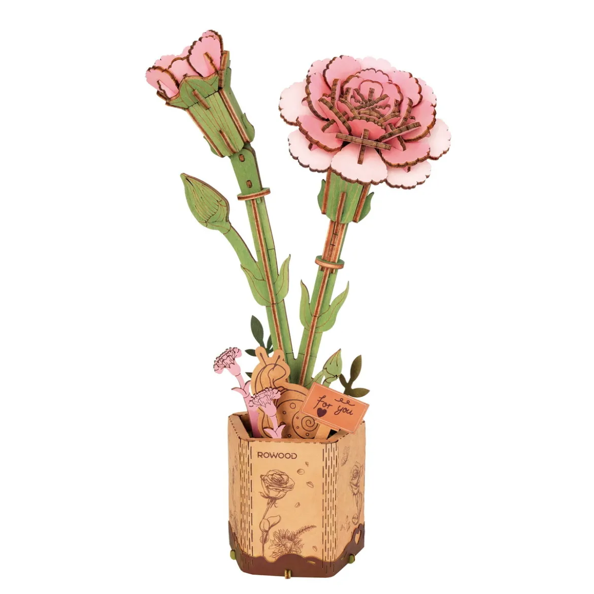 Rolife DIY Wooden Flower 3D-pussel träblomma TW051 Pink Carnation 120×70×290 mm