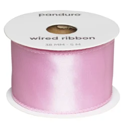 Rosa satinband med stålkant – 38 mm brett och 5 meter långt