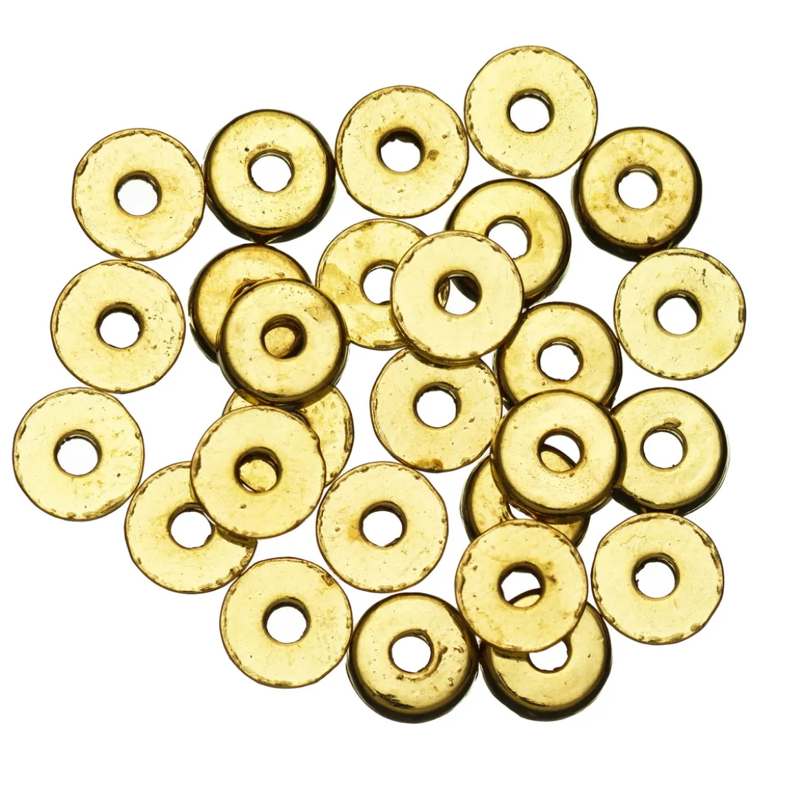 27 runda platta guldfärgade pärlor av metall – Ø 6 mm, 2 mm tjocklek