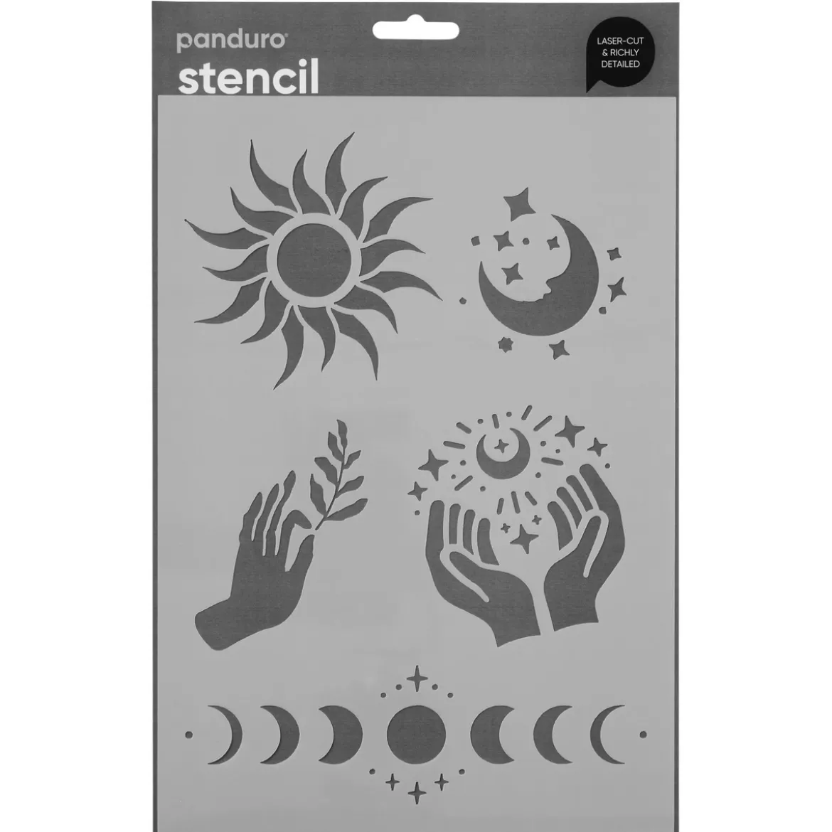 Schablon A4 , stencil med sol, måne och spirituella motiv