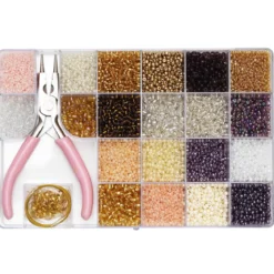 Seed bead kit – med massor av skimrande rocaillespärlor, smyckestillbehör, tråd och en rundtång