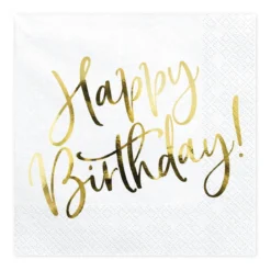Servetter, 20-pack med text i guldmetallic: Happy Birthday – 16,5×16,5 cm