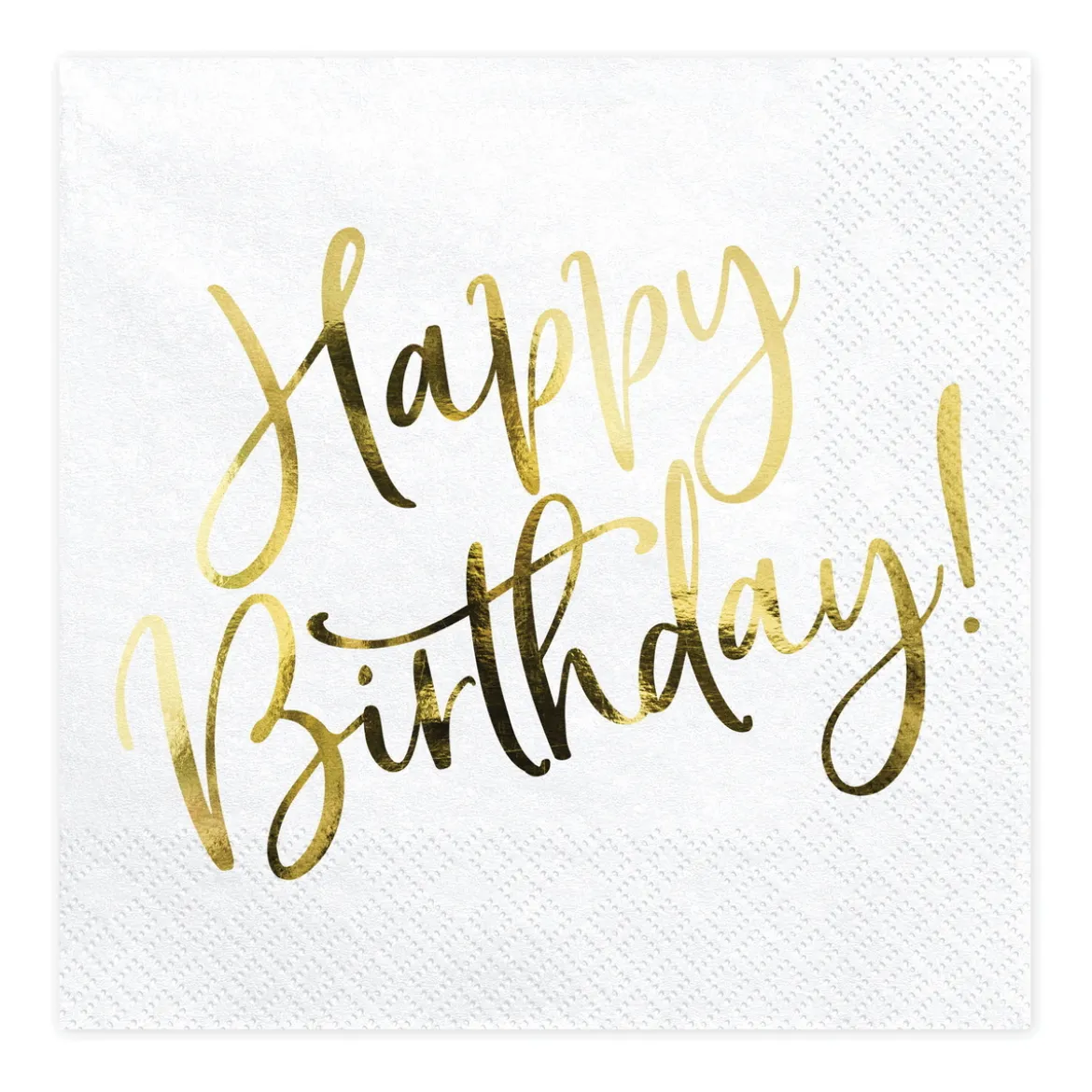 Servetter, 20-pack med text i guldmetallic: Happy Birthday – 16,5×16,5 cm