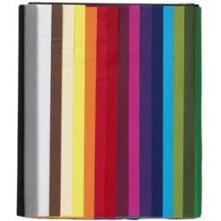 Silkespapper 68 ark à 70×50 cm, basfärger. 17 färger, 4 av var. 14 g/m²