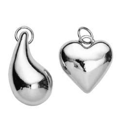 2 silverfärgade & chunky hängen charms, massiv metall – hjärta Ø22 mm, droppe L. 30 mm