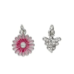 2 silverfärgade hängen charms blomma rosa blad & strass Ø13 mm, bi med strass 11×8 mm