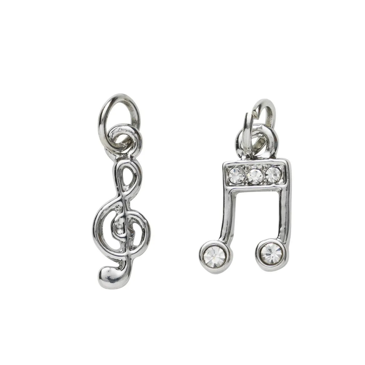 2 silverfärgade hängen charms G-klav 5×15 mm, not med strass 7,4×14 mm
