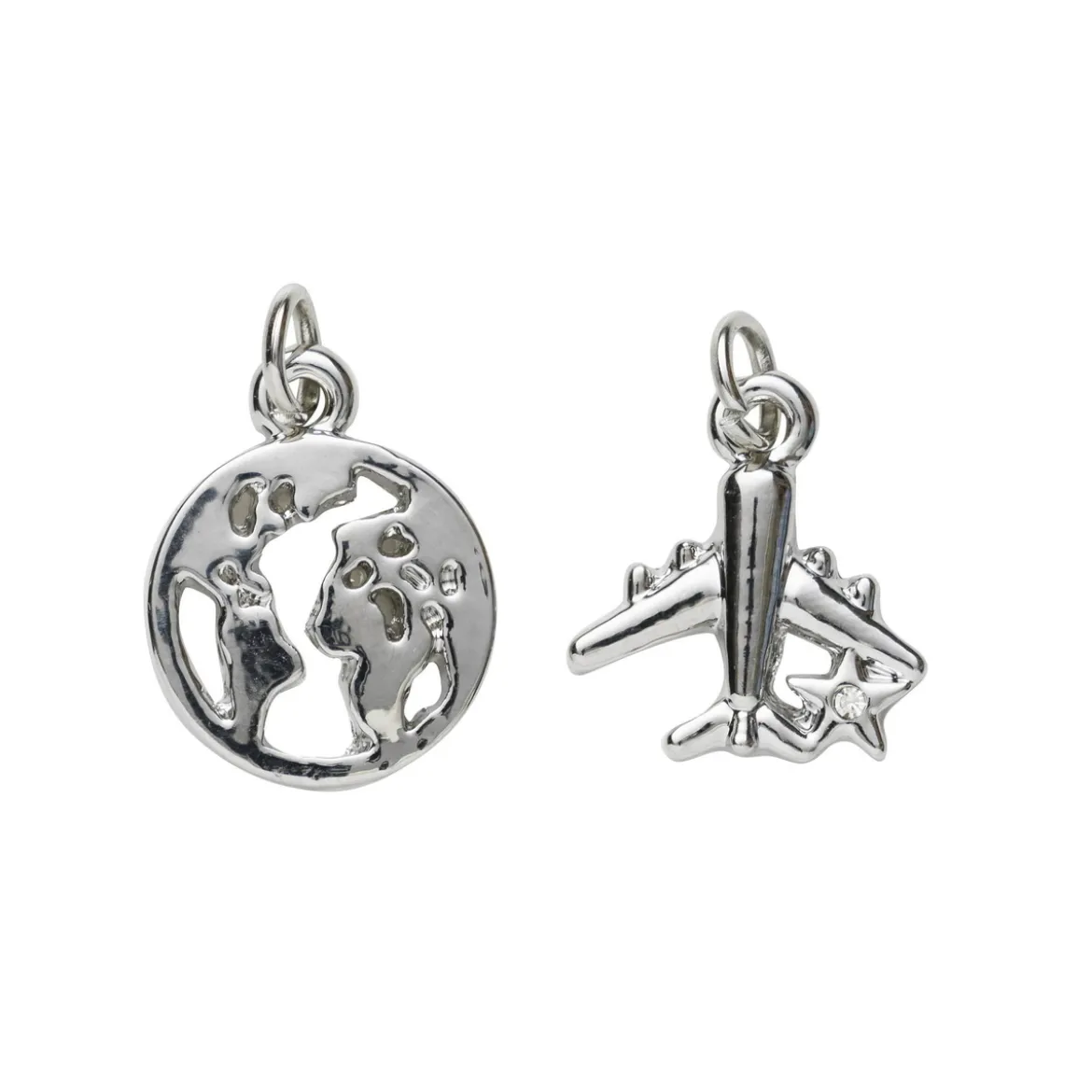 2 silverfärgade hängen charms jordglob Ø12 mm, flygplan 13×15 mm
