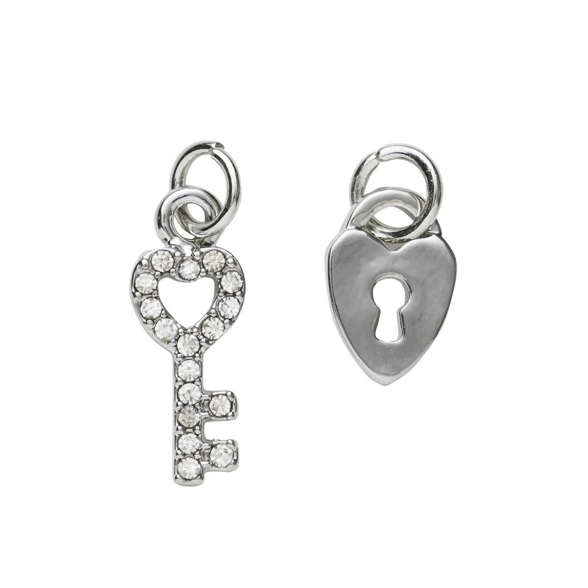 2 silverfärgade hängen charms lås 8×10 mm, nyckel strass 6,5×16,8 mm