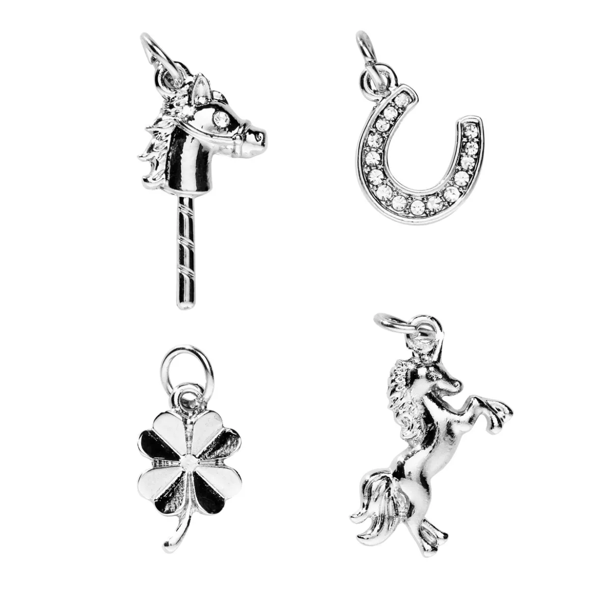 Silverfärgade hängen / charms med 4 olika lekfulla hästmotiv