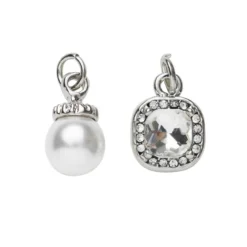 2 silverfärgade hängen charms strass-sten 8×8 mm, pärla Ø8 mm L.12 mm
