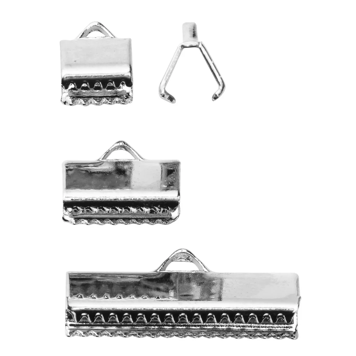 Silverfärgade klämhylsor / avslutningshylsor – bredd 5, 10 och 20 mm. 4 st. av varje sort.