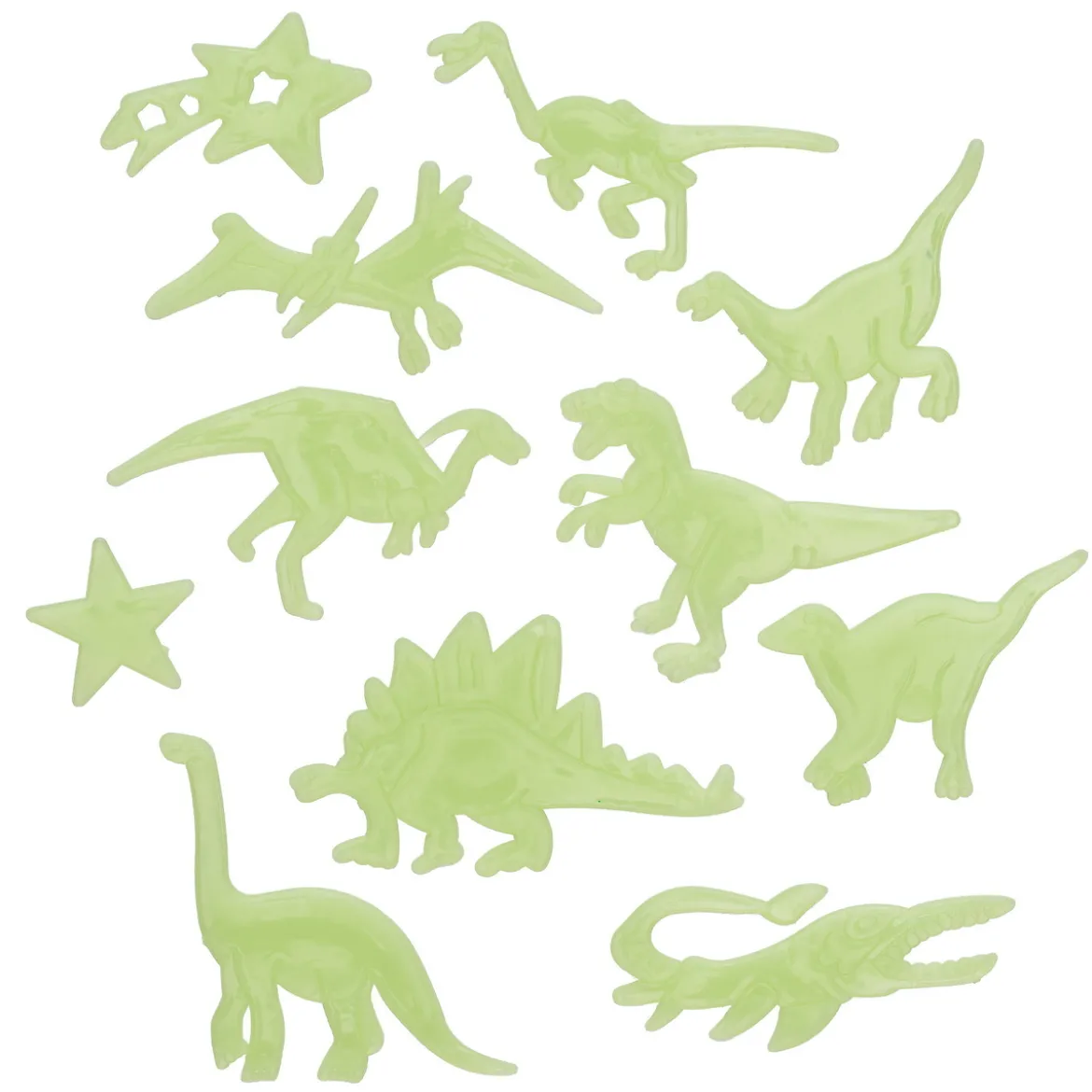 Självlysande glow in the dark figurer, 25 st. Dinosaurier + 24 limkuddar