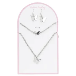 Smyckeset silvrigt fjärils-tema, örhängen, armband & halsband