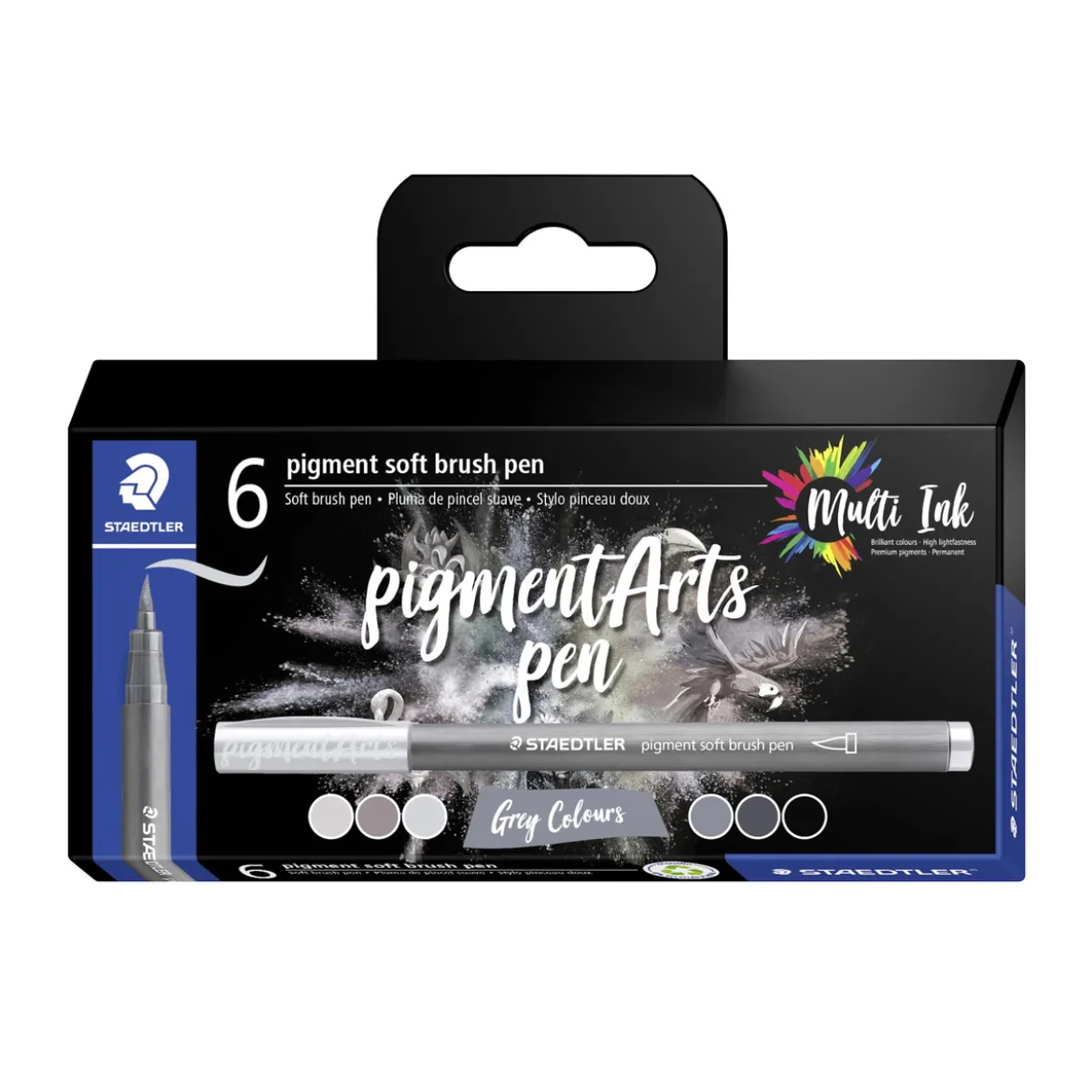 Staedtler Pigment Arts Pen Multi Ink Grey Colours, 5 pennor i grå toner + 1 svart