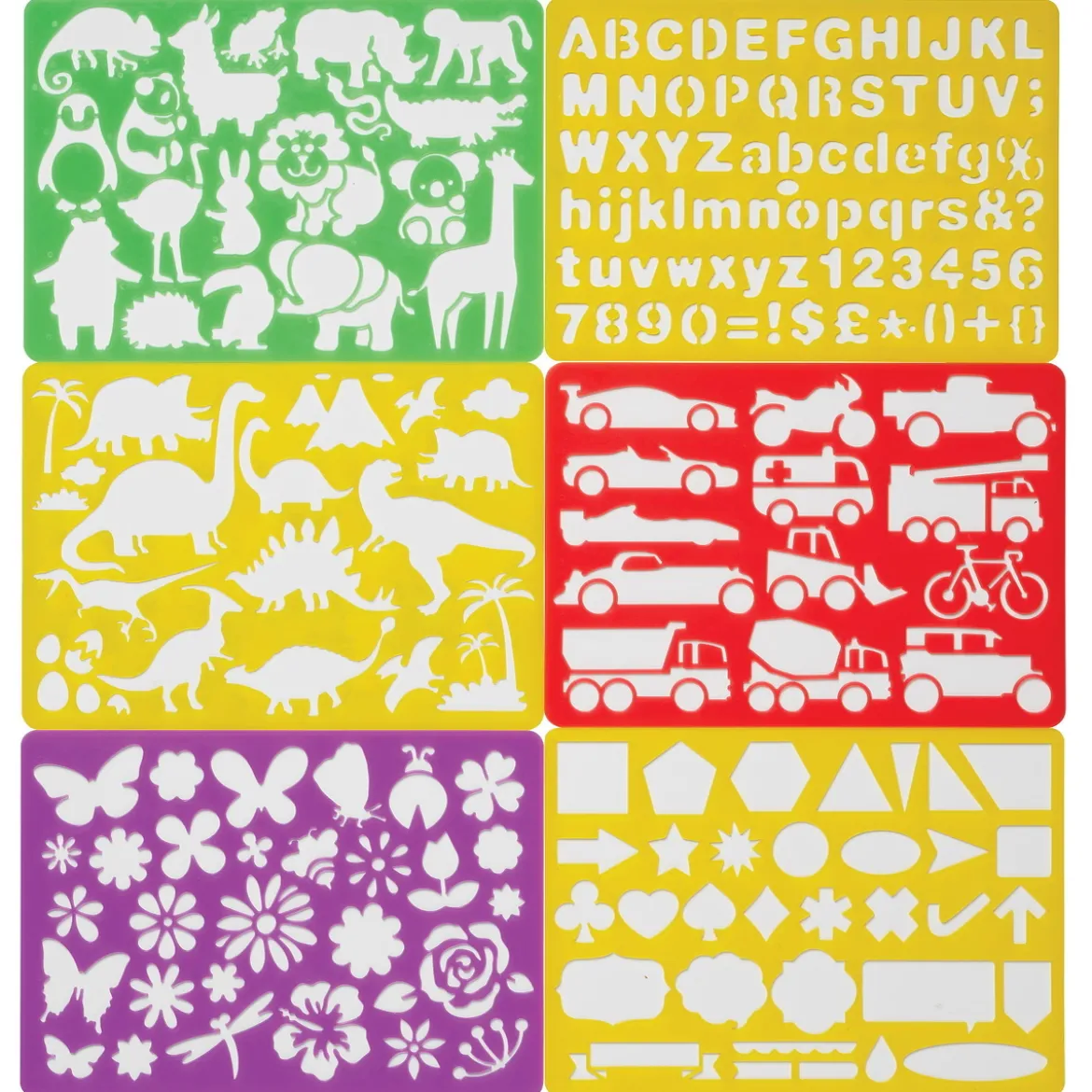 Stenciler schabloner av plast, 21×15 cm, 6 olika fina teman för barn