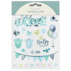 Stickersblock 16 ark Baby Blue – blått baby-tema. 2×8 designer