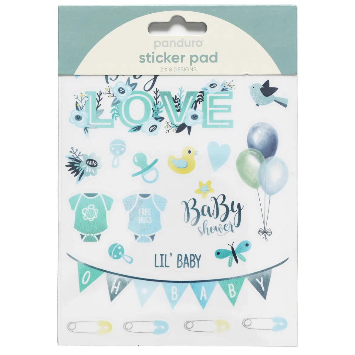 Stickersblock 16 ark Baby Blue – blått baby-tema. 2×8 designer