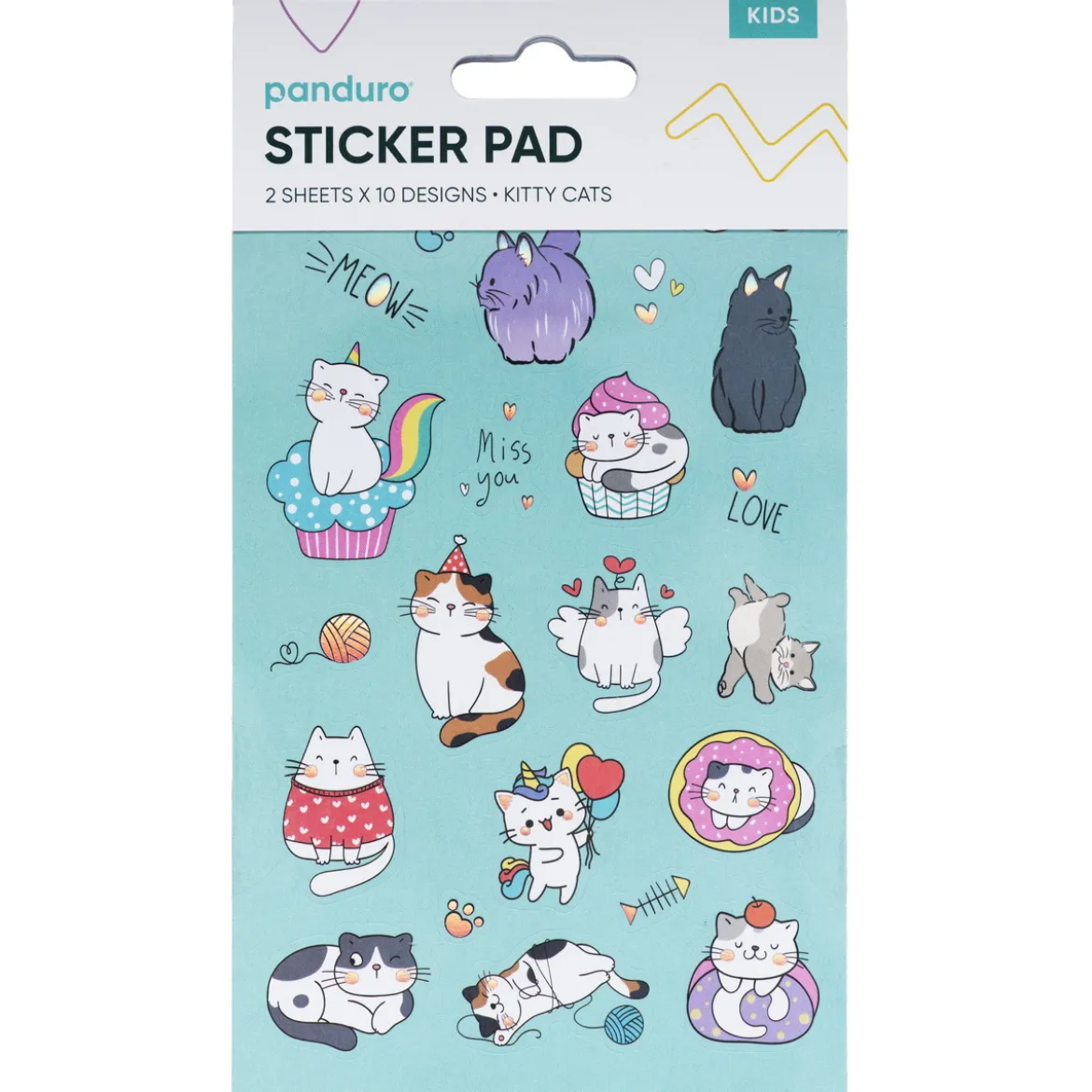 Stickersblock Katter – 2×10 designer, totalt 20 ark klistermärken med söta katter & glädje! 10×18 cm