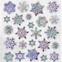 Stickers Jul, iriserande klistermärken med snöflingor på vit bakgrund, 13×12 cm ark