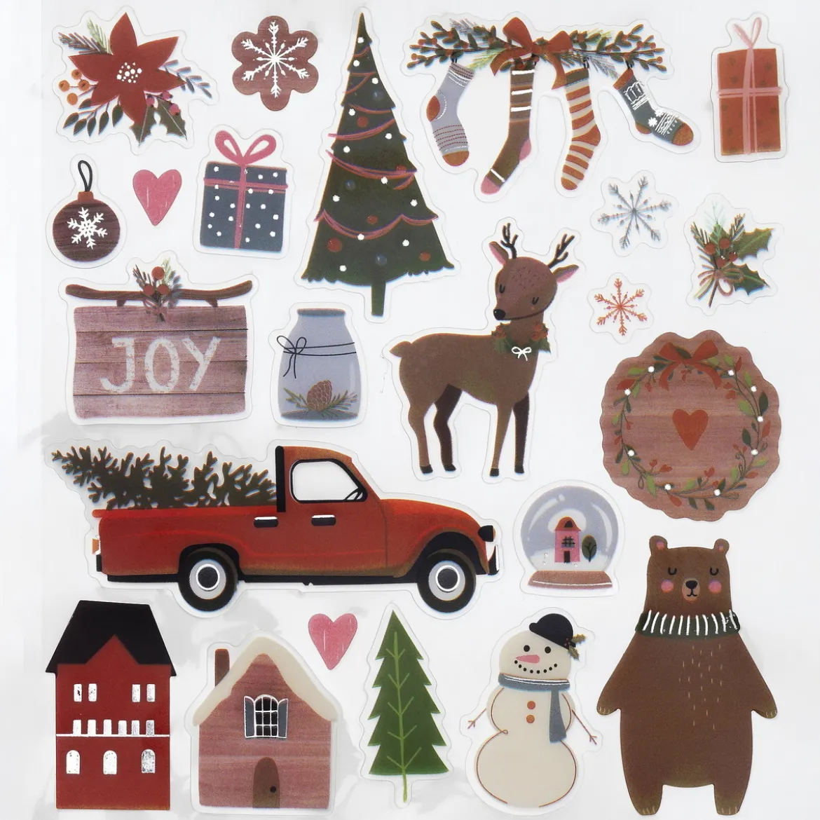 Stickers Jul, klistermärken klassiska julmotiv i rött, grönt och silver, 13×12 cm ark
