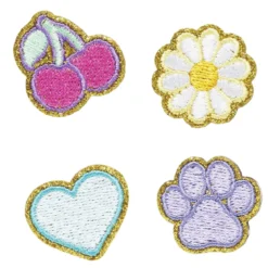 Stickers, 4 st. broderade klistermärken – Körsbär, blomma, hjärta & tass