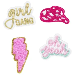 Stickers, 4 st. broderade klistermärken – Girl gang, hatt, oh yeah & rosa blixt