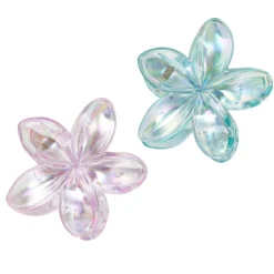 2 stora transparenta & iriserande hårklämmor med blommor som är Ø80 mm stora