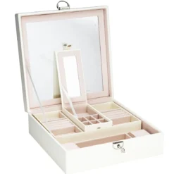 Stort cremefärgat smyckeskrin med spegel och många fack / lådor – 25×25×9 cm