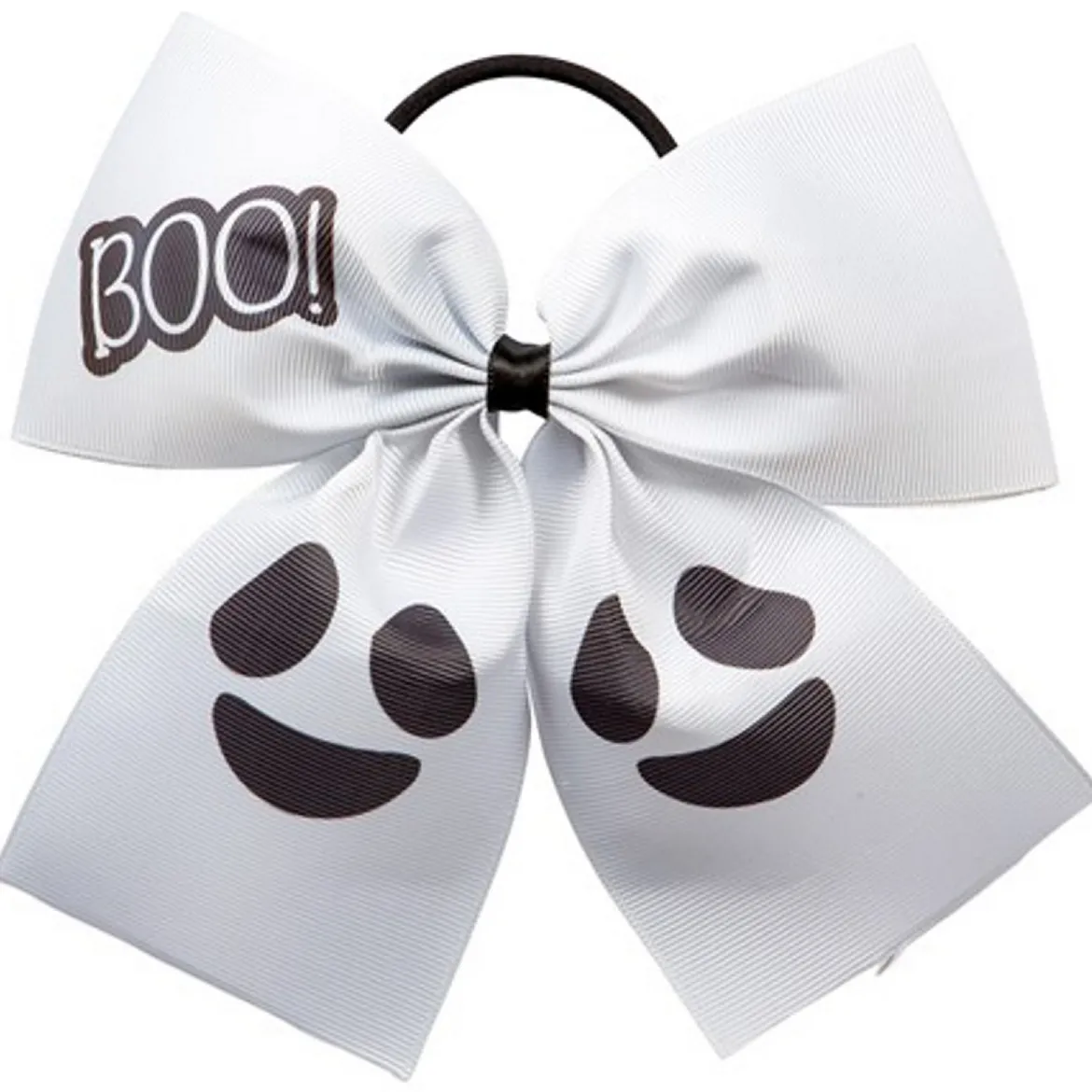 Stor vit halloween-rosett av räfflat ripsband med spökigt tryck, 17×16 cm