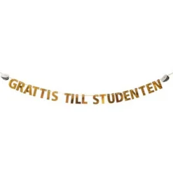 Studentgirlang "Grattis till studenten" på snöre, 3,6 meter lång – 15 cm höga guldbokstäver