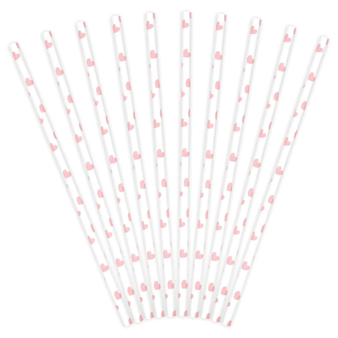 Sugrör av papper 10-pack, vita med rosa hjärtan. Längd 19,5 cm