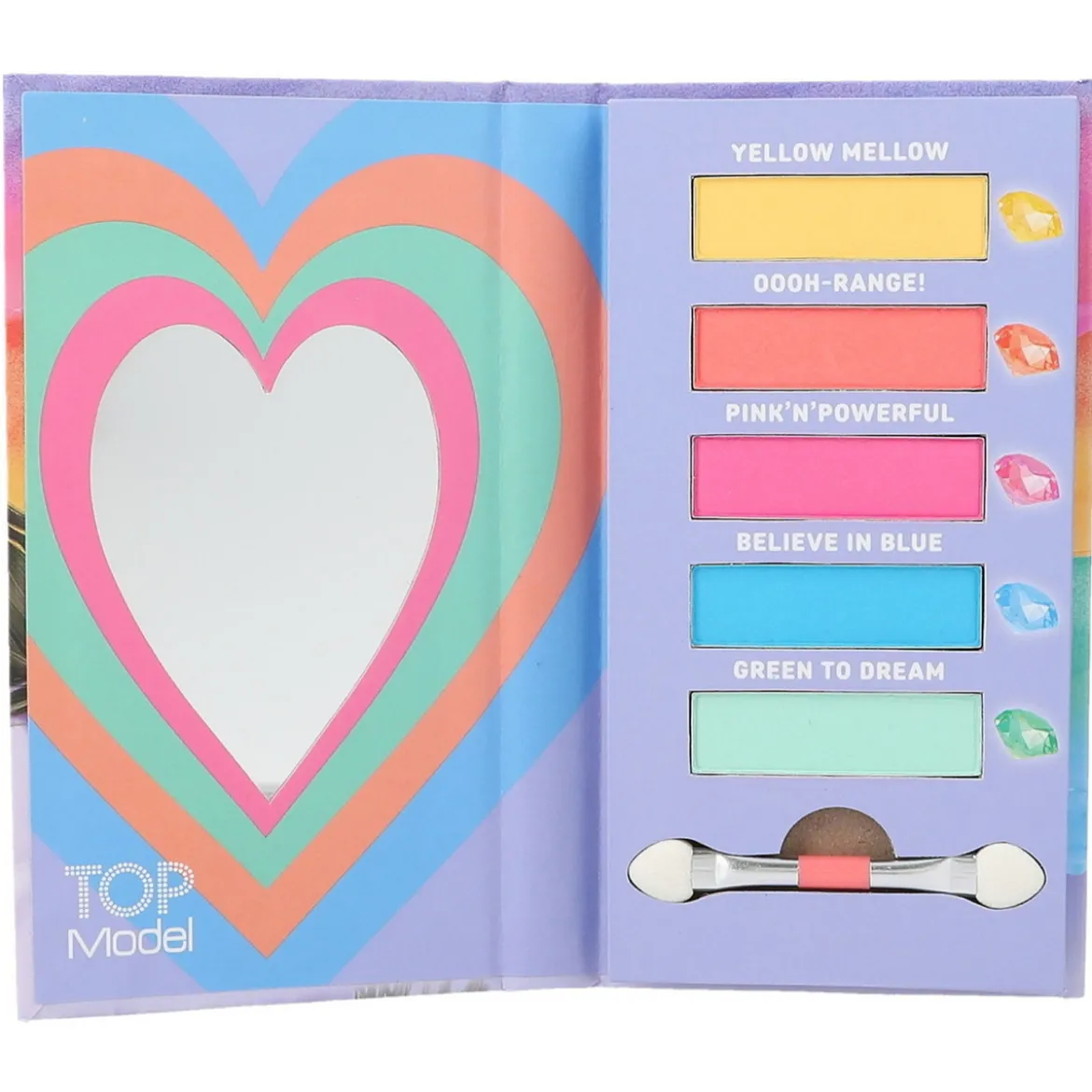 TOPModel ögonskugga – 5 färger, applikator och spegel i nätt liten bok 7×13×1,5 cm